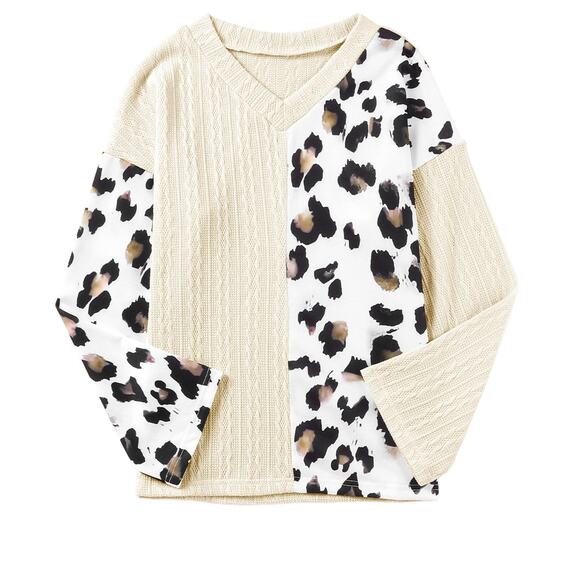 Beige Asymmetric Leopard Patchwork Wide Sleeve V Neck Sweater New  S, M - Picture 2 of 12